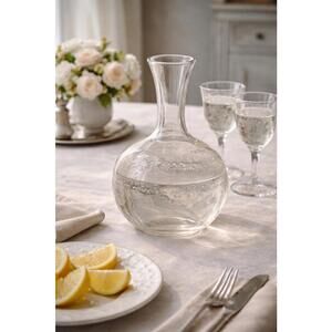 Fostoria USA 1950s Cloverleaf Etched Glass Decanter Carafe, 8.5”
